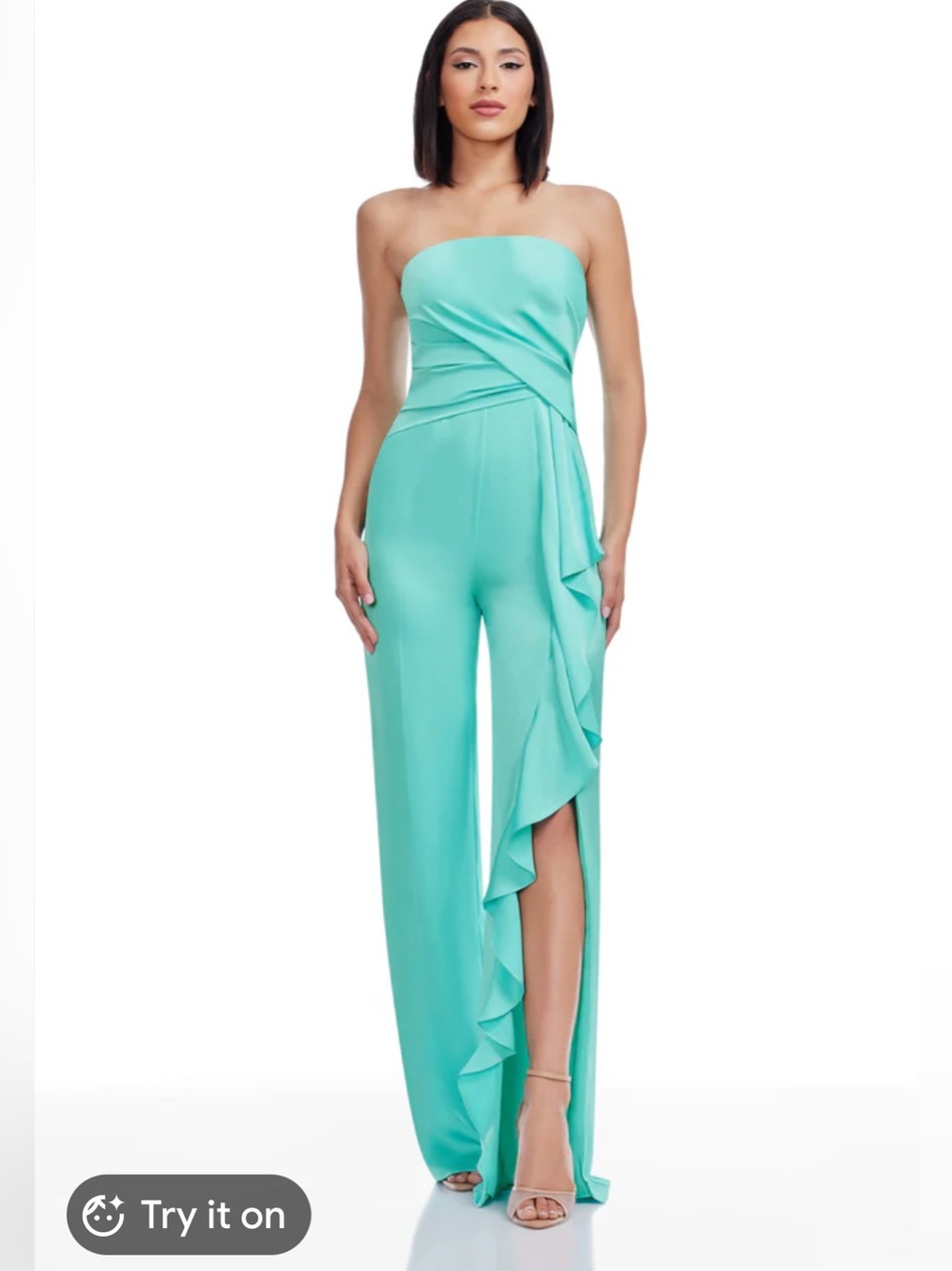 Dress the Population Aqua Strapless Ruffle-Trim Wide-Leg Jumpsuit